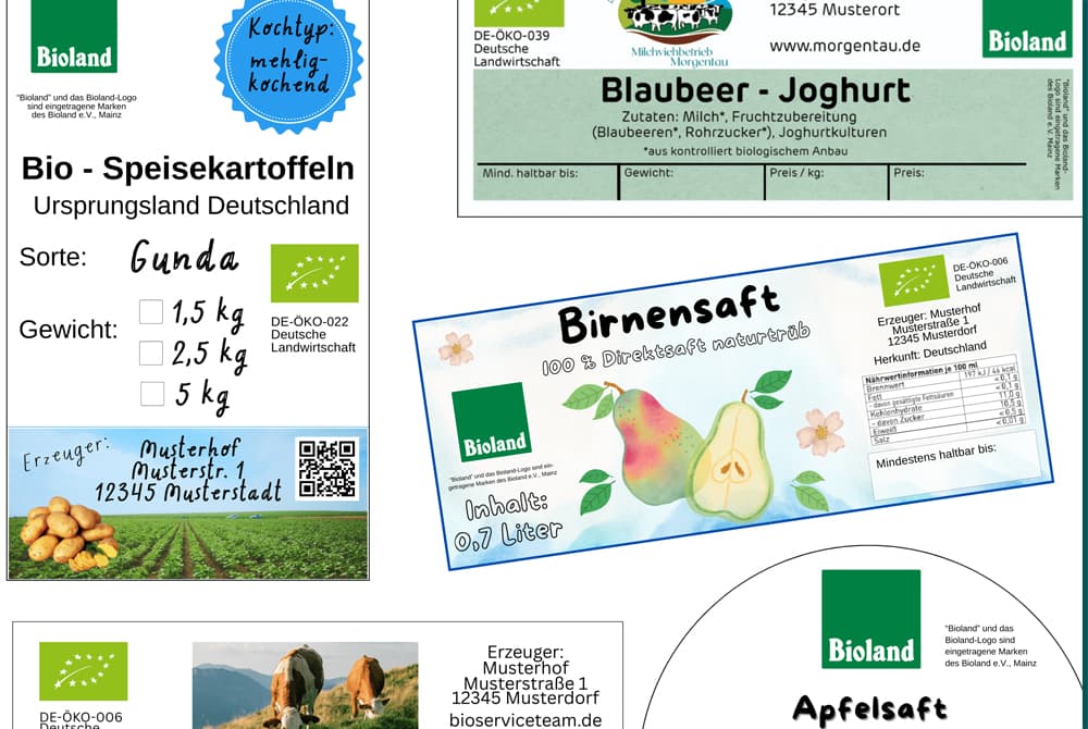 Eine Collage verschiedener Bio-Produktetiketten mit Kartoffeln, Joghurt, Birnensaft, Rindfleisch und Apfelsaft, jeweils mit Bioland-Logo.