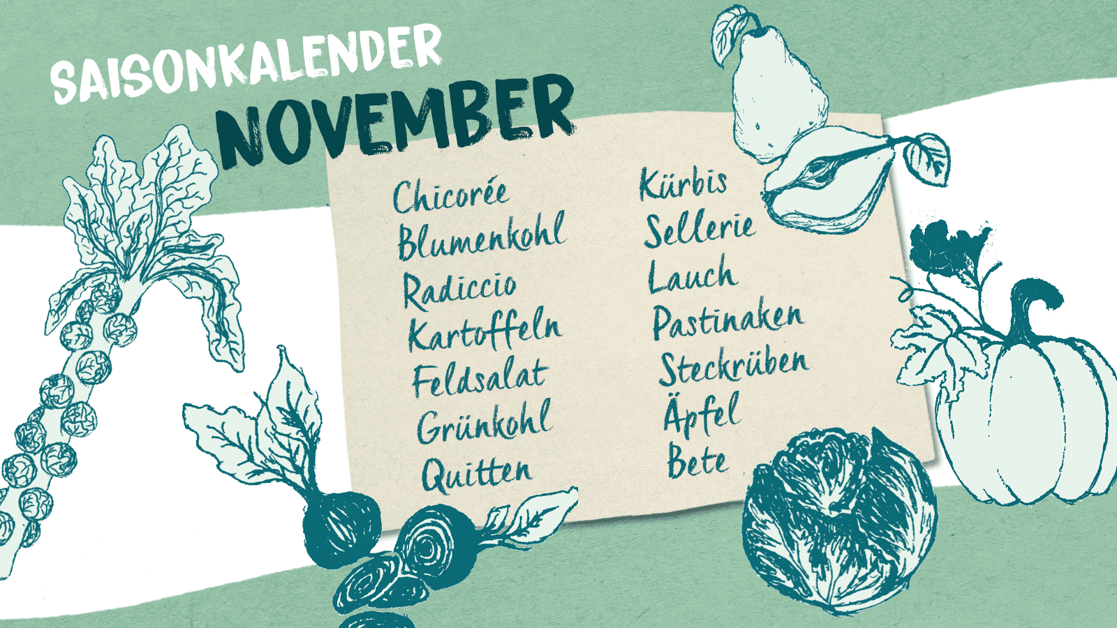 Illustrierter saisonaler November-Kalender mit einer Liste von Obst und Gemüse, umgeben von Skizzen der Produkte.