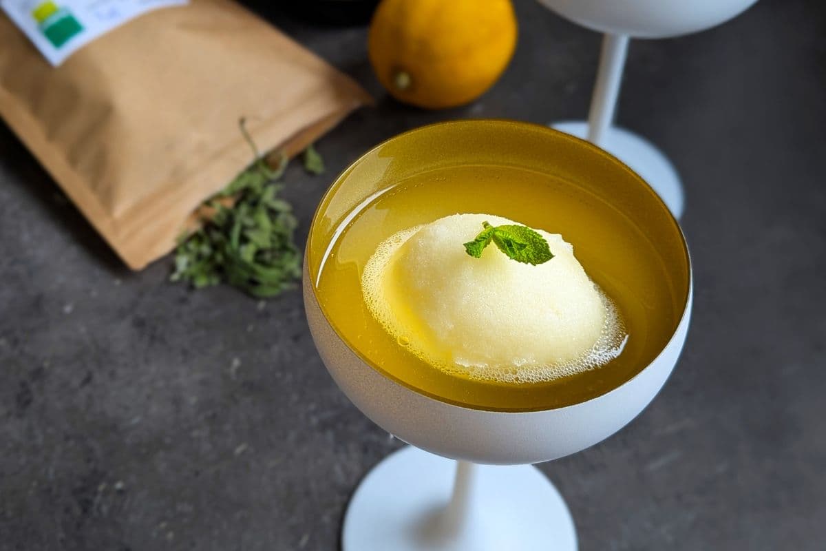 Ein weißes Cocktailglas mit einem gelben Getränk, garniert mit einer Kugel Sorbet und einem Minzblatt. Im Hintergrund befinden sich eine Zitrone und Kräuter.
