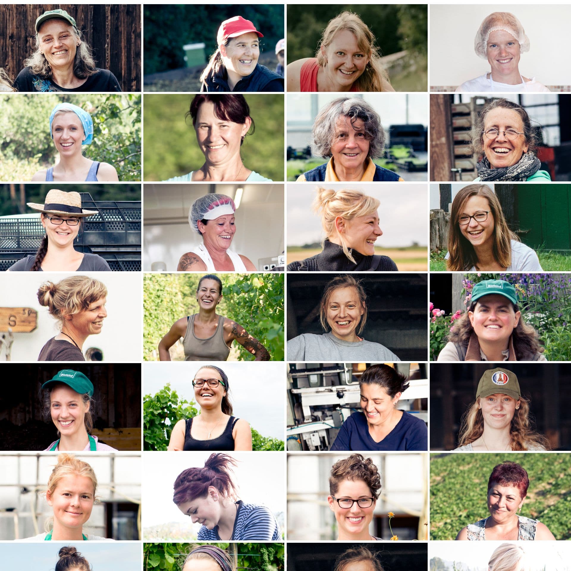 Eine Collage von 25 Frauen, die in verschiedenen Außen- und Innenbereichen lächeln und unterschiedliche Gesichtsausdrücke sowie Hintergründe zeigen.